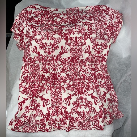 Style & Co Soft Empire Waist V-Neck Red & White Toile Short Sleeved Top, Size L - Picture 6 of 8